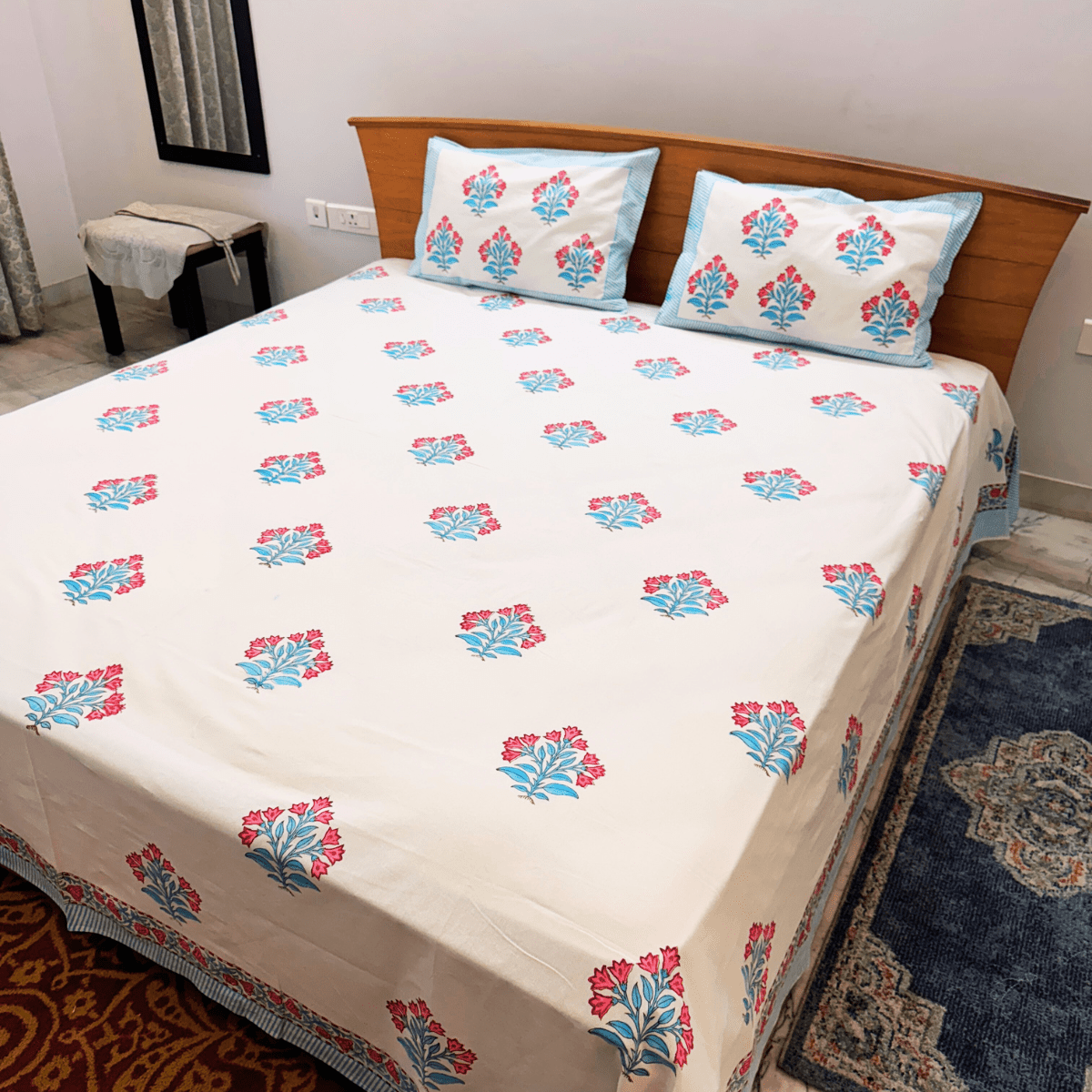 Ananya Block Print Bedsheet Set, King Size, 108" x 108" - Coral Slub -